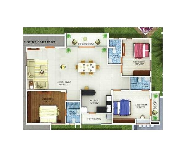 Floor plan of 3 BHK 1855 Sq. Ft. Apartment in Fortuna Krrish, Bangalore