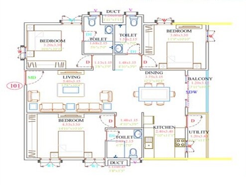 Floor plan of 3 BHK Apartment - 1427 sq. ft. in Fortuna Lake Towers, Bangalore