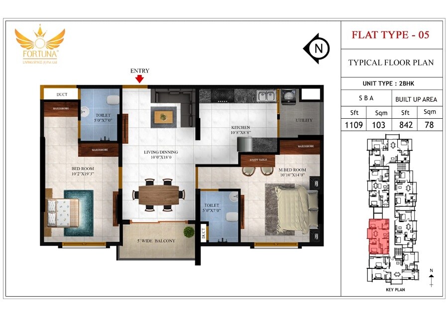 Floor plan of 2 BHK 1109 Sq. Ft. Apartment in Fortuna Tejus, Bangalore