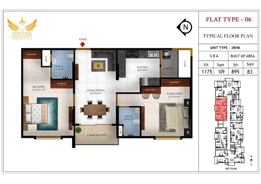 Floor plan of 2 BHK 1175 Sq. Ft. Apartment in Fortuna Tejus, Bangalore