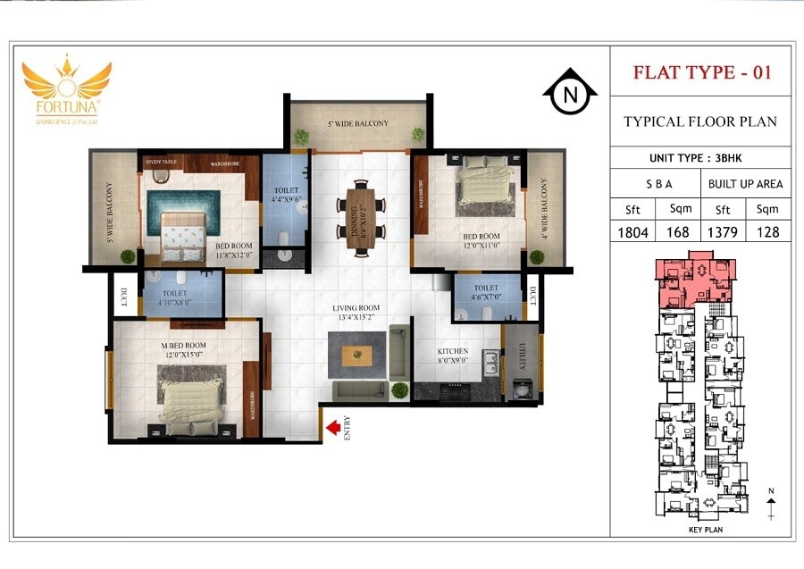 Floor plan of 3 BHK 1804 Sq. Ft. Apartment in Fortuna Tejus, Bangalore