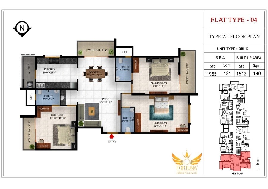Floor plan of 3 BHK 1955 Sq. Ft. Apartment in Fortuna Tejus, Bangalore