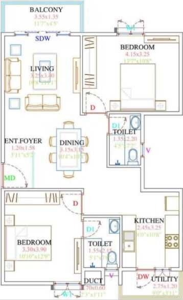 Floor plan of 2 BHK 1091 Sq. Ft. Apartment in Fortuna Viva, Bangalore