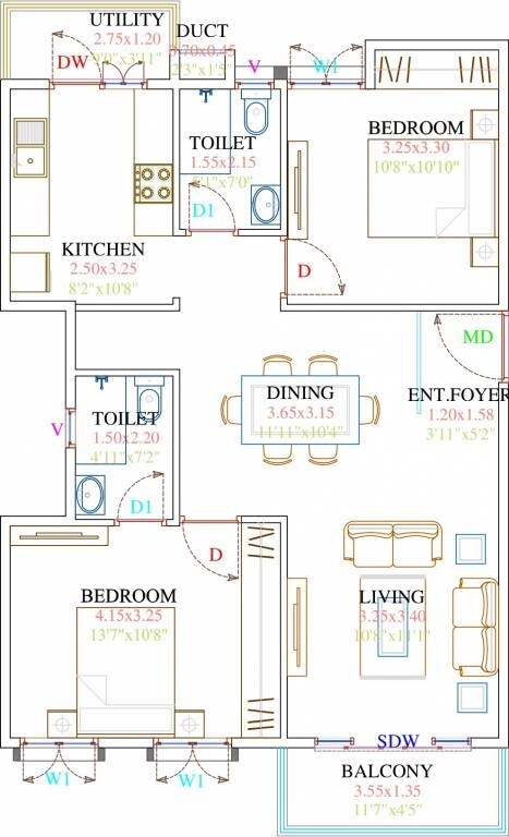 Floor plan of 2 BHK 1100 Sq. Ft. Apartment in Fortuna Viva, Bangalore