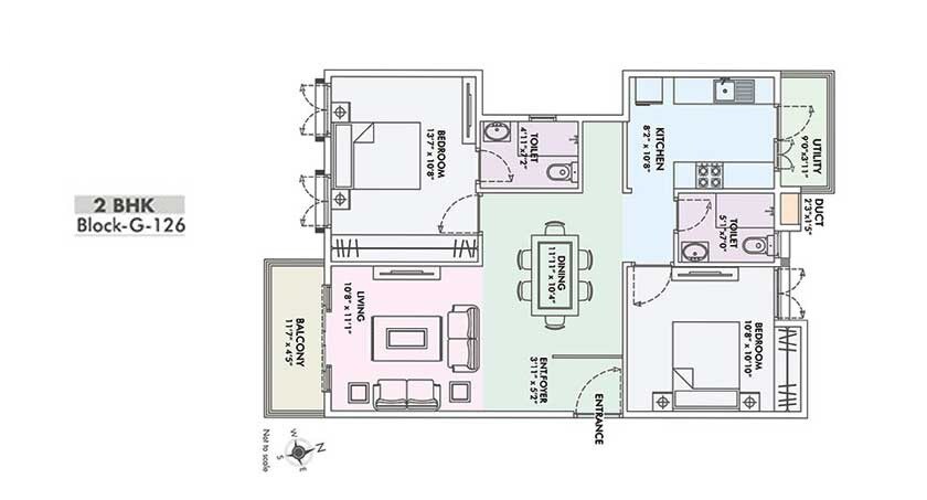 Floor plan of 2 BHK 1245 Sq. Ft. Apartment in Fortuna Viva, Bangalore
