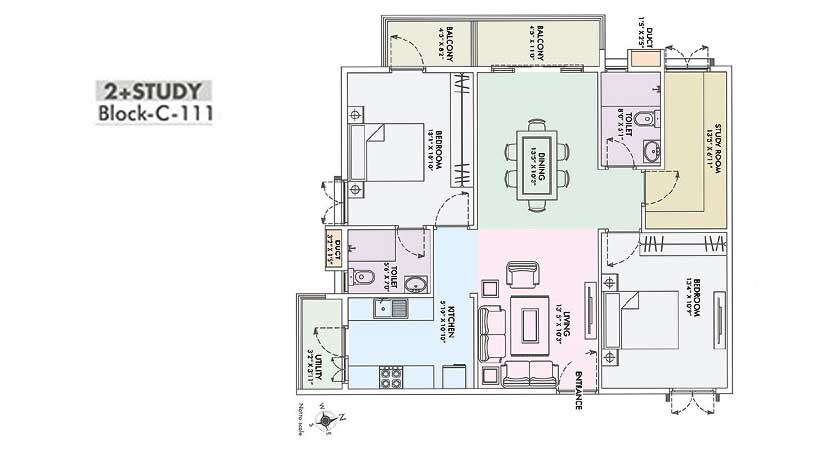 Floor plan of 2 BHK 1269 Sq. Ft. Apartment in Fortuna Viva, Bangalore