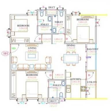 Floor plan of 3 BHK 1400 Sq. Ft. Apartment in Fortuna Viva, Bangalore