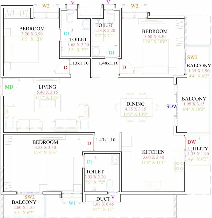 Floor plan of 3 BHK 1444 Sq. Ft. Apartment in Fortuna Viva, Bangalore