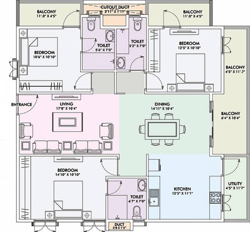 Floor plan of 3 BHK 1709 Sq. Ft. Apartment in Fortuna Viva, Bangalore