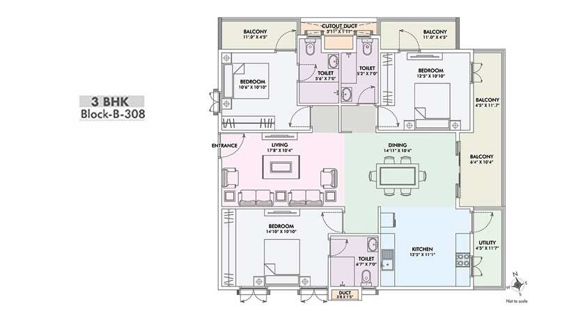 Floor plan of 3 BHK 1733 Sq. Ft. Apartment in Fortuna Viva, Bangalore