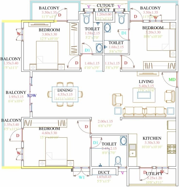 Floor plan of 3 BHK 1820 Sq. Ft. Apartment in Fortuna Viva, Bangalore