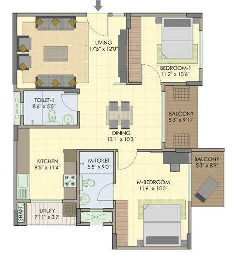 Floor plan of 2 BHK 1263 Sq. Ft. Apartment in Fortuna Wind Flower, Bangalore