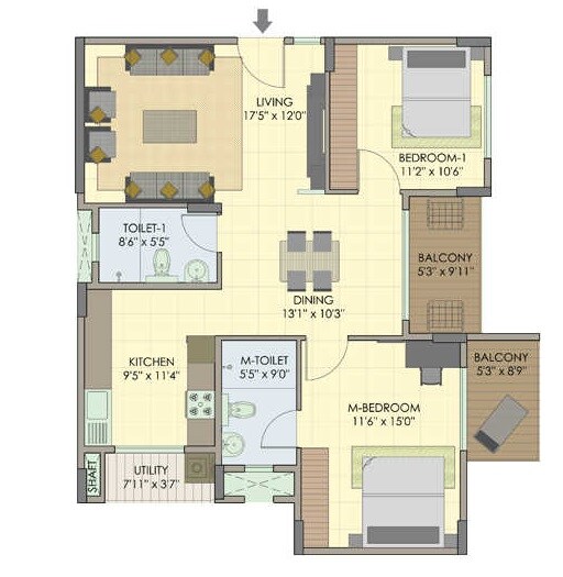 Floor plan of 2 BHK 1353 Sq. Ft. Apartment in Fortuna Wind Flower, Bangalore