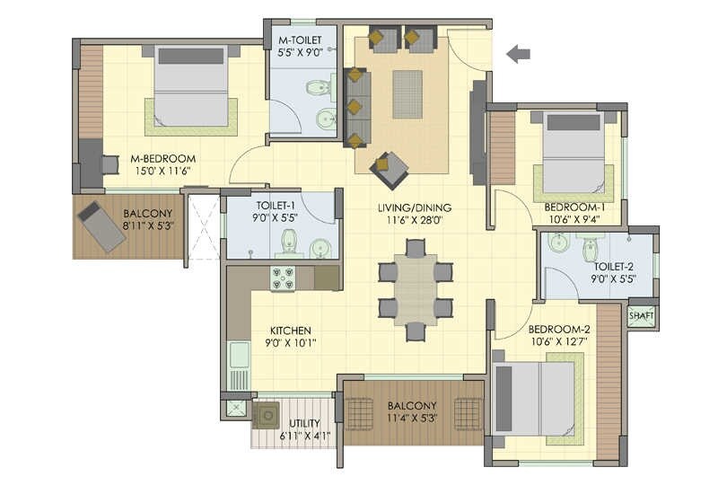 Floor plan of 3 BHK 1758 Sq. Ft. Apartment in Fortuna Wind Flower, Bangalore