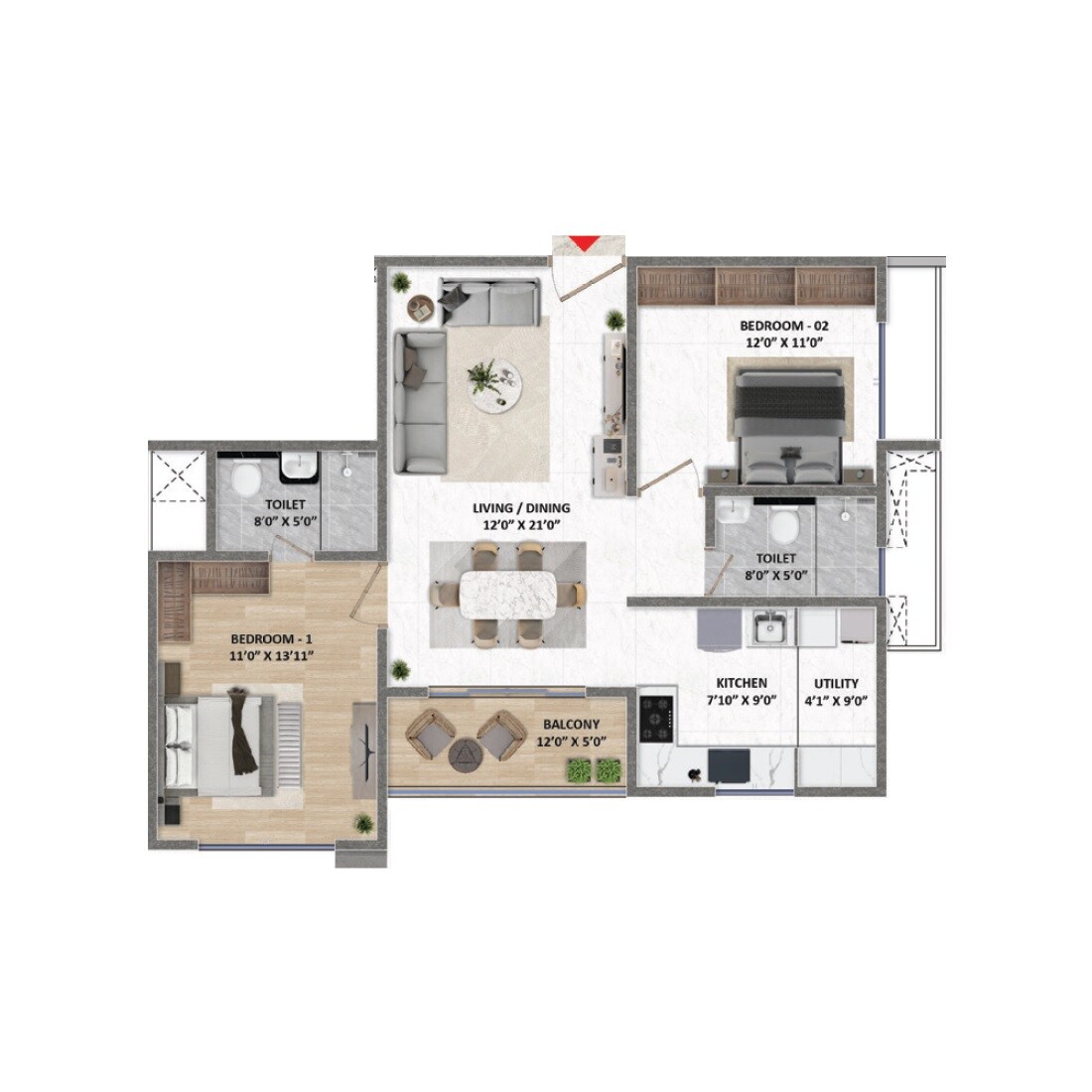 Floor plan of 2 BHK 1180 Sq. Ft. Apartment in Fortune Seven, Bangalore