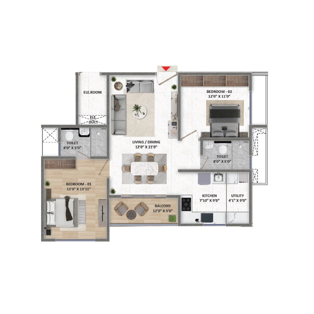 Floor plan of 2 BHK 1250 Sq. Ft. Apartment in Fortune Seven, Bangalore