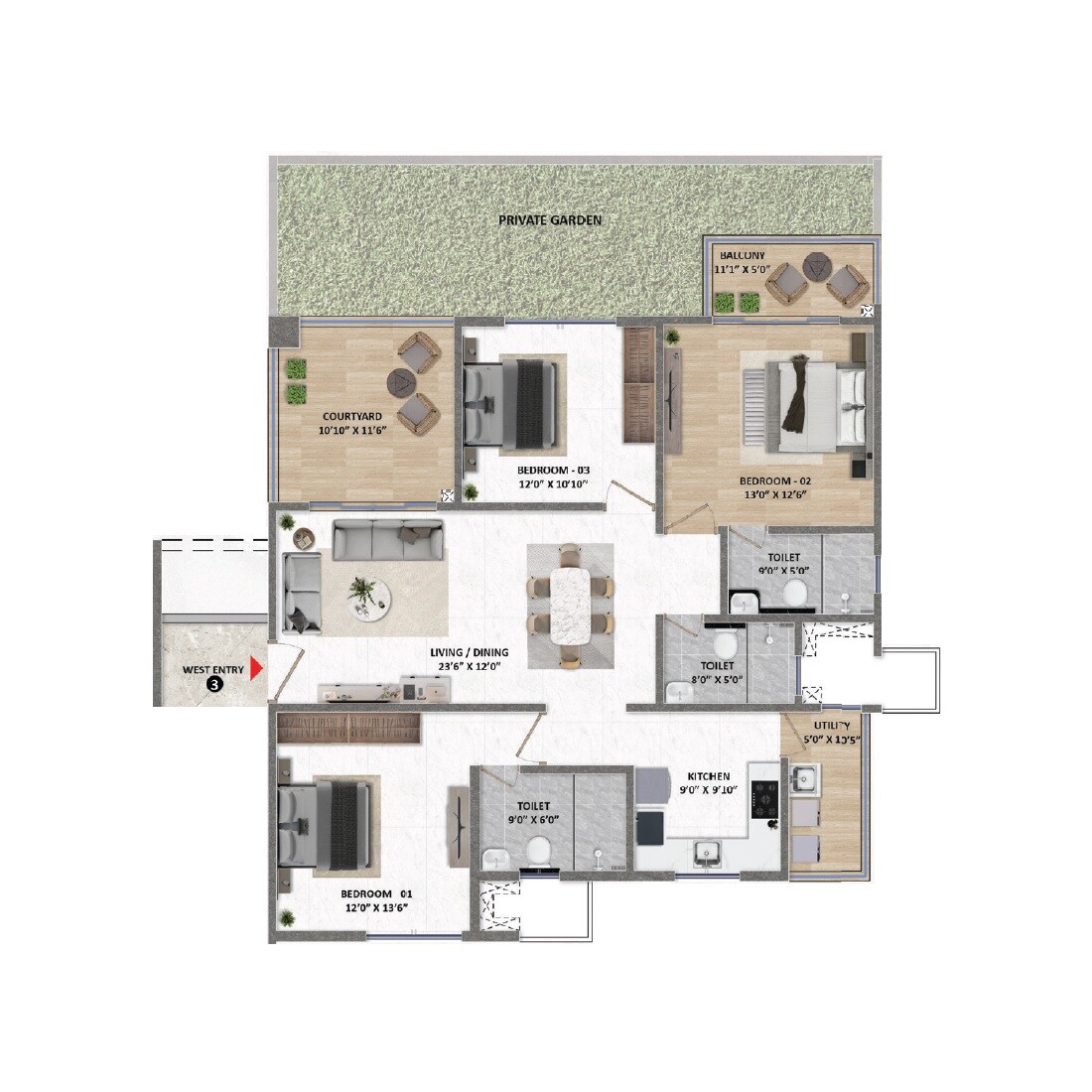 Floor plan of 3 BHK 1744 Sq. Ft. Apartment in Fortune Seven, Bangalore
