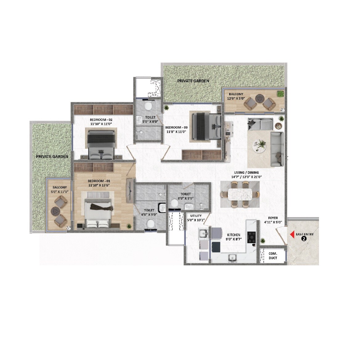 Floor plan of 3 BHK 1840 Sq. Ft. Apartment in Fortune Seven, Bangalore