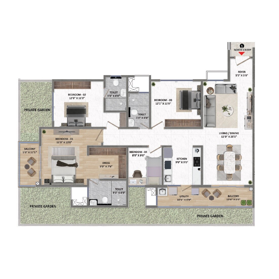 Floor plan of 4 BHK 2086 Sq. Ft. Apartment in Fortune Seven, Bangalore