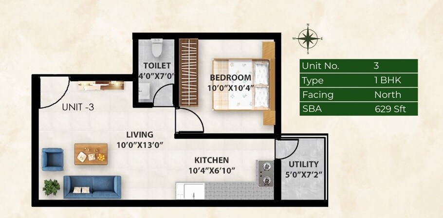 Floor plan of 1 BHK 629 Sq. Ft. Apartment in Fortuners Elixir, Bangalore