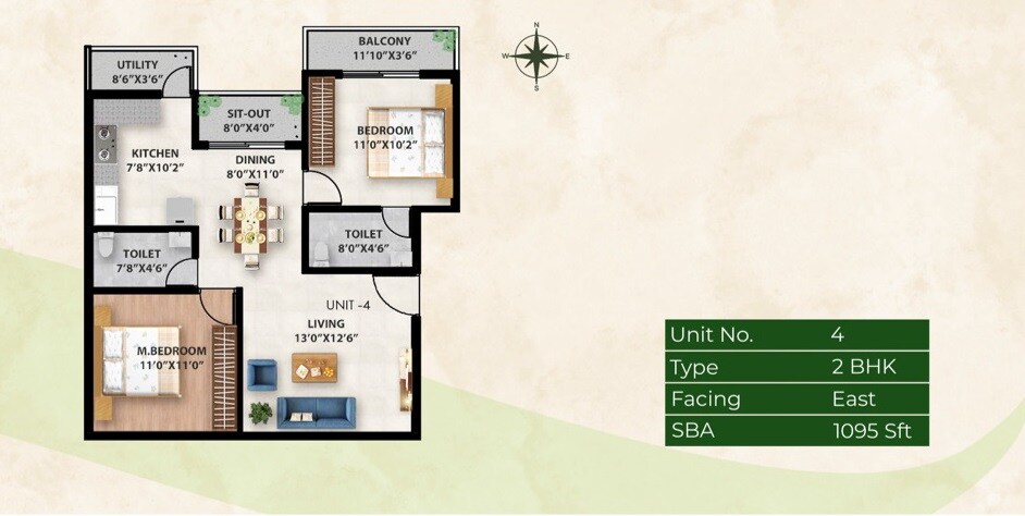 Floor plan of 2 BHK 1095 Sq. Ft. Apartment in Fortuners Elixir, Bangalore