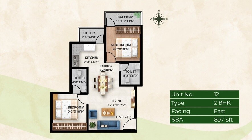 Floor plan of 2 BHK 897 Sq. Ft. Apartment in Fortuners Elixir, Bangalore