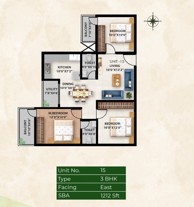 Floor plan of 3 BHK 1212 Sq. Ft. Apartment in Fortuners Elixir, Bangalore