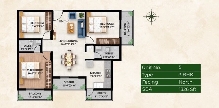Floor plan of 3 BHK 1326 Sq. Ft. Apartment in Fortuners Elixir, Bangalore