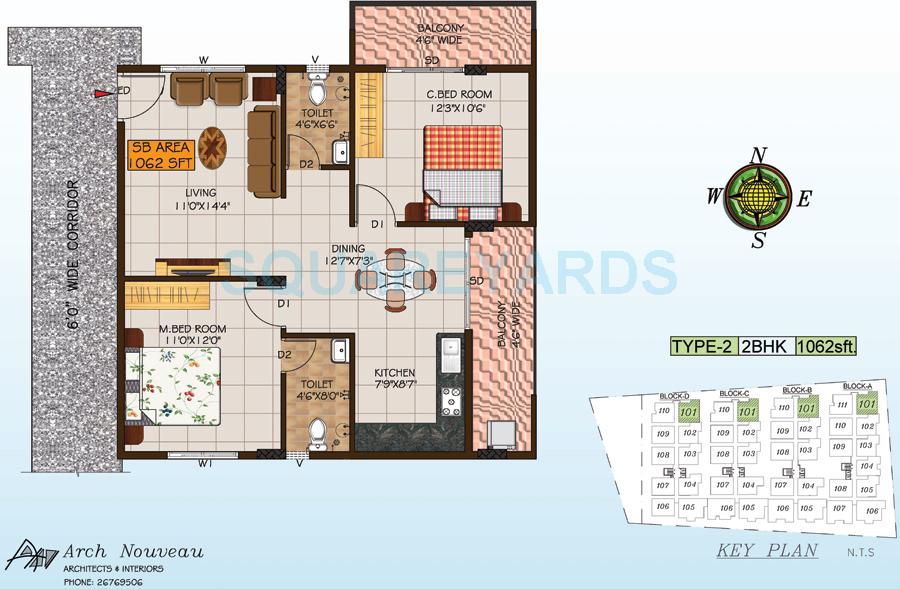 Floor plan of 2 BHK 1062 Sq. Ft. Apartment in Foyer City, Bangalore