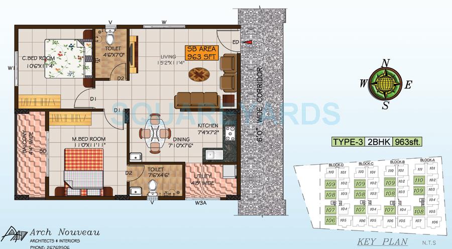 Floor plan of 2 BHK 963 Sq. Ft. Apartment in Foyer City, Bangalore