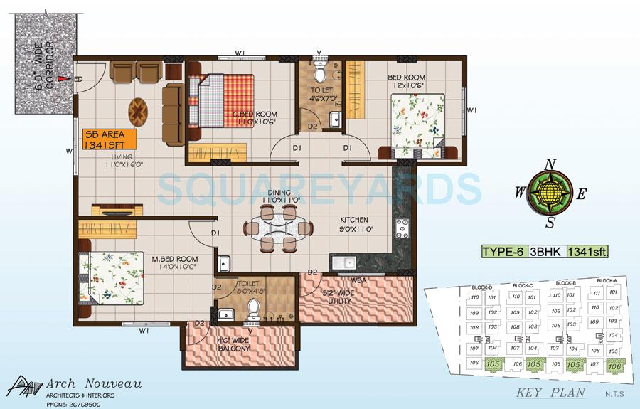 Floor plan of 3 BHK 1341 Sq. Ft. Apartment in Foyer City, Bangalore