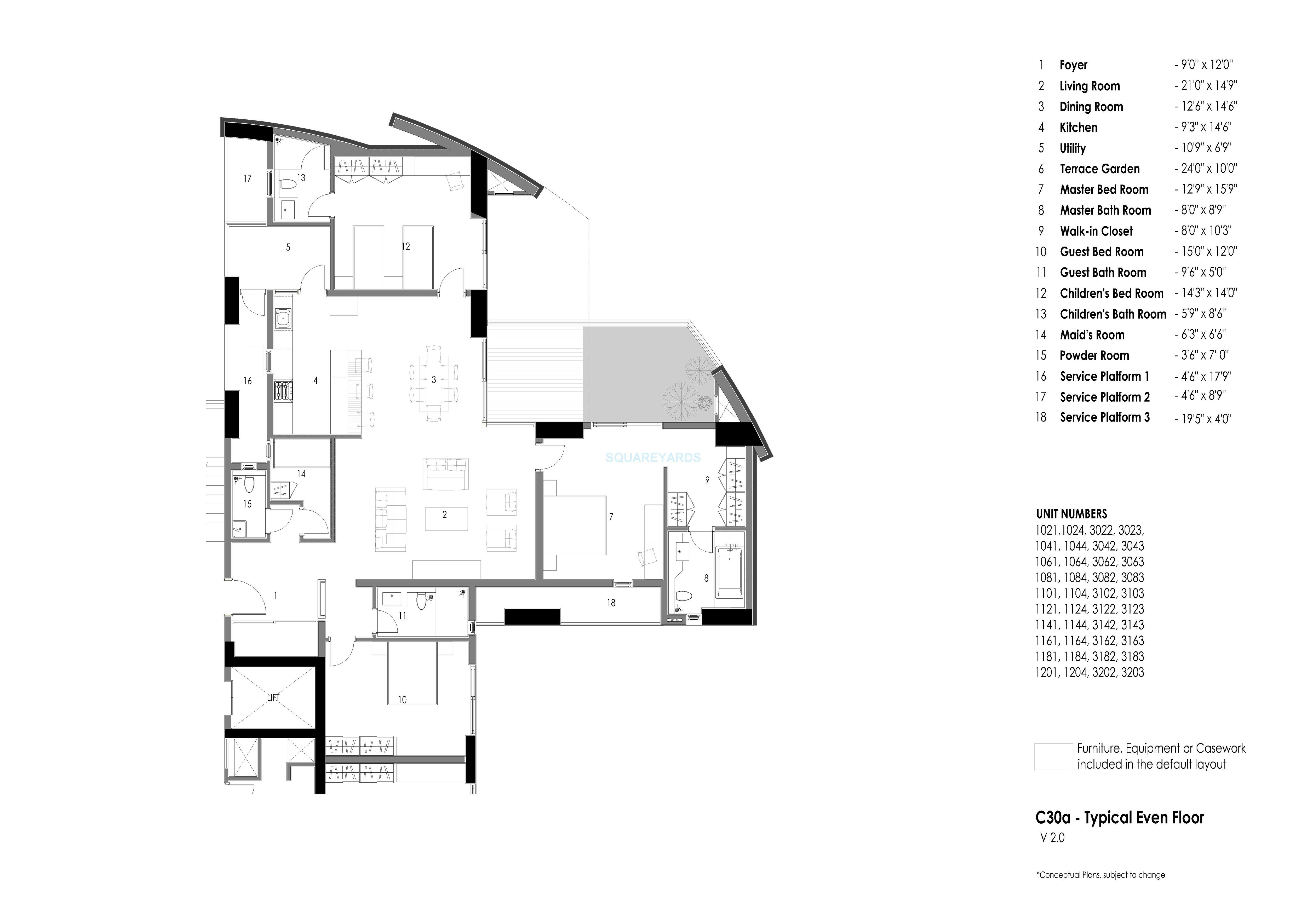 Floor plan of 3 BHK 1775 Sq. Ft. Apartment in Total Environment Freebird, Bangalore