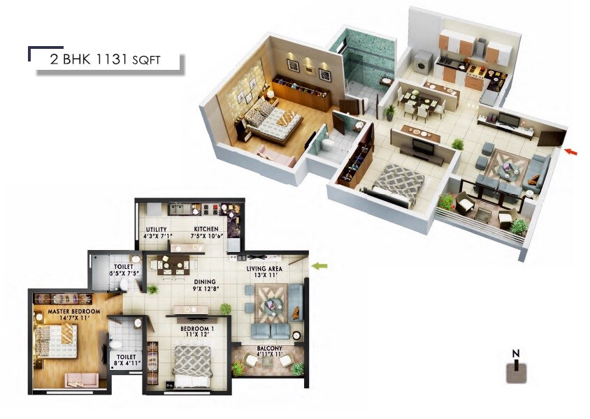 Floor plan of 2 BHK 1131 Sq. Ft. Apartment in Frontier Heights, Bangalore