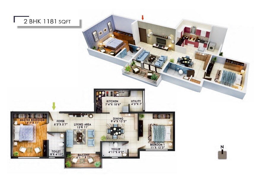 Floor plan of 2 BHK 1181 Sq. Ft. Apartment in Frontier Heights, Bangalore