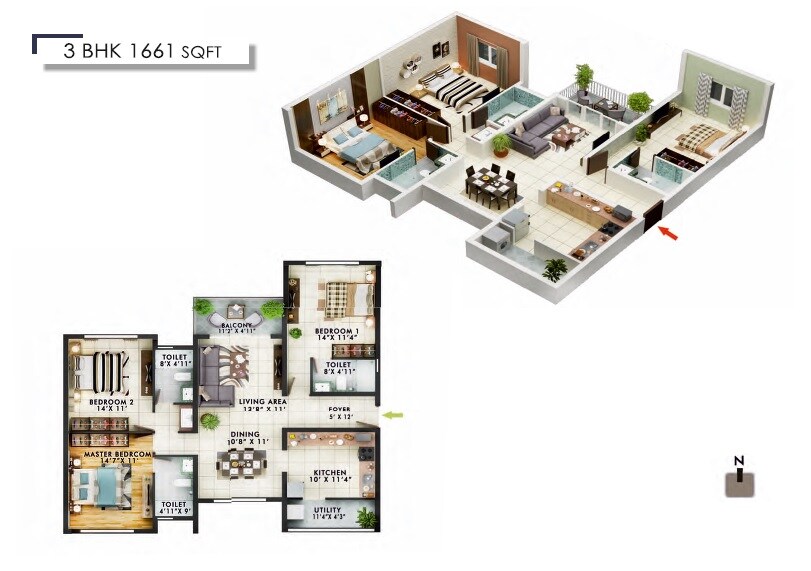 Floor plan of 3 BHK 1661 Sq. Ft. Apartment in Frontier Heights, Bangalore