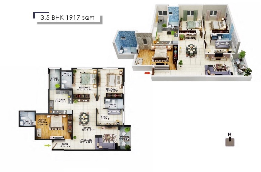 Floor plan of 3 BHK 1917 Sq. Ft. Apartment in Frontier Heights, Bangalore