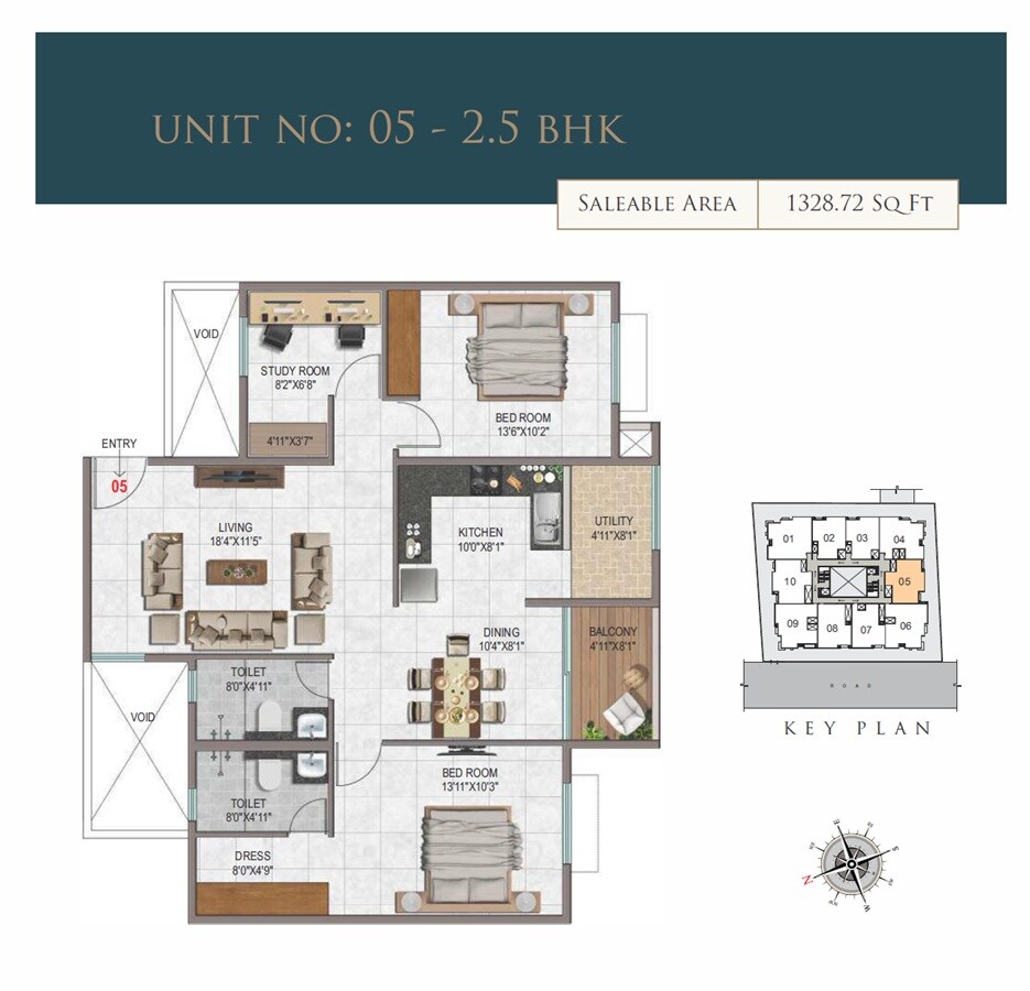 Floor plan of 2 BHK 1328 Sq. Ft. Apartment in Fusion 4 Oyster, Bangalore