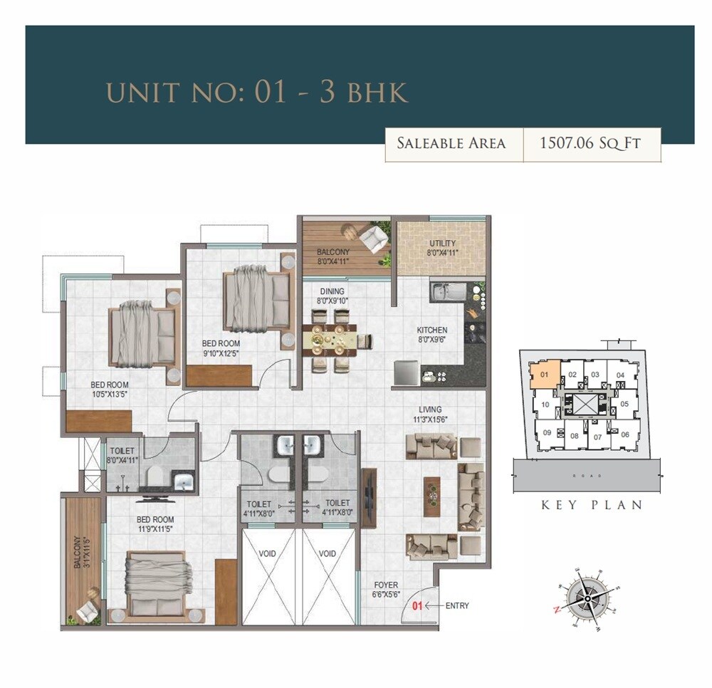Floor plan of 3 BHK 1507 Sq. Ft. Apartment in Fusion 4 Oyster, Bangalore