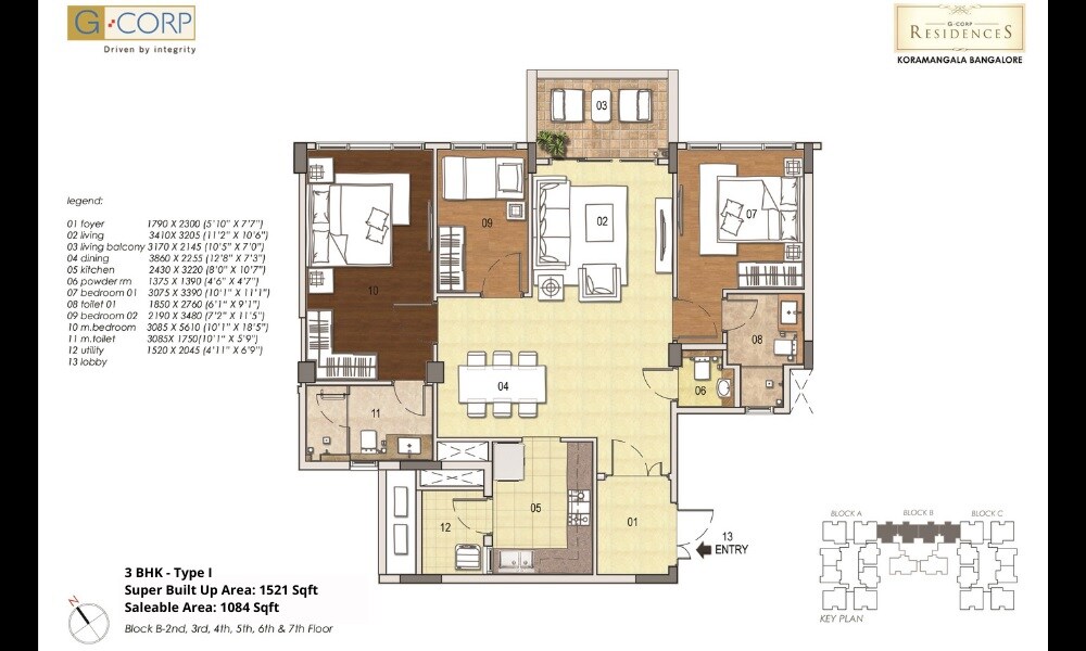 Floor plan of 3 BHK 1521 Sq. Ft. Apartment in G Corp Residency, Bangalore