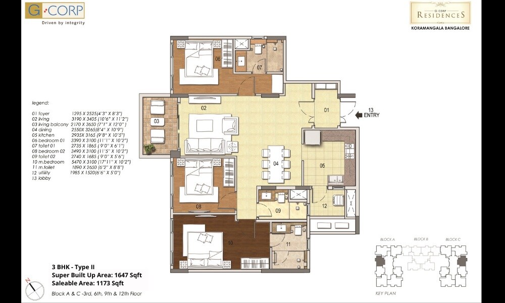 Floor plan of 3 BHK 1647 Sq. Ft. Apartment in G Corp Residency, Bangalore