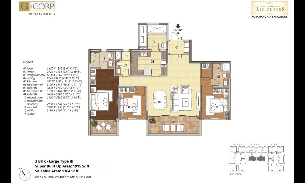 Floor plan of 3 BHK 1915 Sq. Ft. Apartment in G Corp Residency, Bangalore