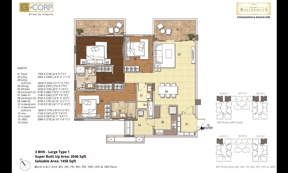 Floor plan of 3 BHK 2046 Sq. Ft. Apartment in G Corp Residency, Bangalore