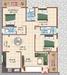 Floor plan of 3 BHK 1470 Sq. Ft. Apartment in G R Opal, Bangalore