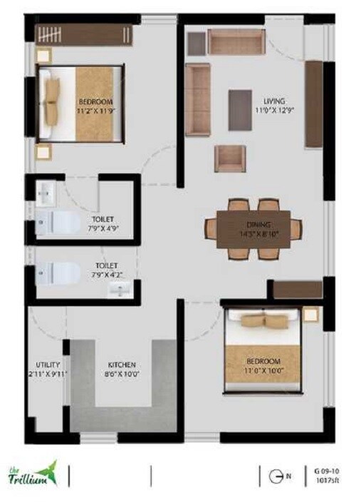 Floor plan of 2 BHK 1017 Sq. Ft. Apartment in Galaxy The Trillium, Bangalore