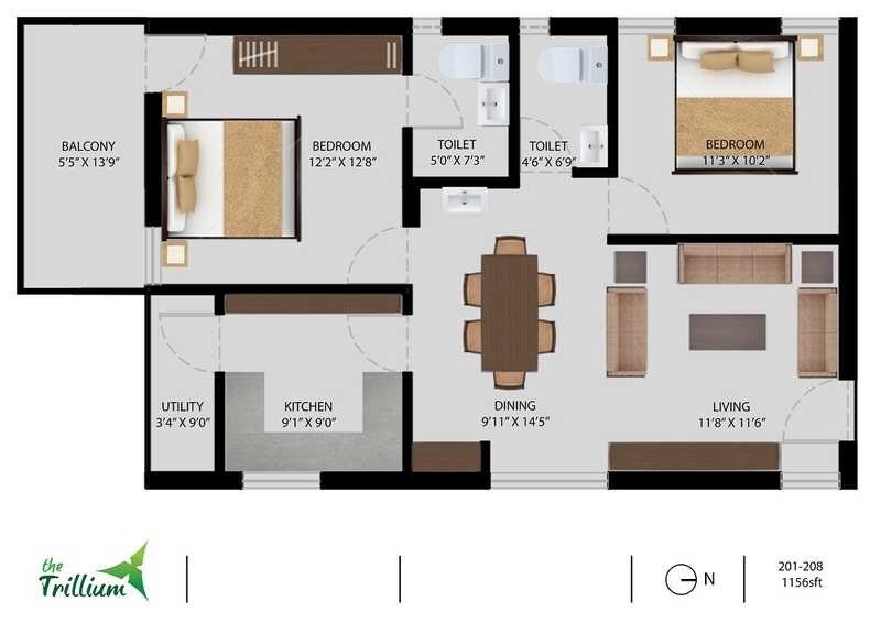 Floor plan of 2 BHK 1156 Sq. Ft. Apartment in Galaxy The Trillium, Bangalore