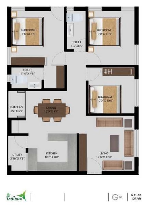 Floor plan of 3 BHK 1277 Sq. Ft. Apartment in Galaxy The Trillium, Bangalore