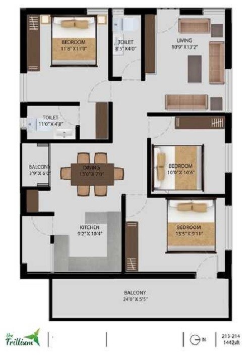Floor plan of 3 BHK 1442 Sq. Ft. Apartment in Galaxy The Trillium, Bangalore