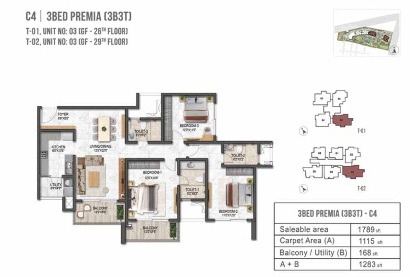 Floor plan of 3 BHK 1789 Sq. Ft. Apartment in Garden Breeze At The Prestige City, Bangalore