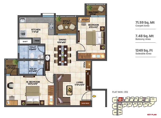 Floor plan of 2 BHK 1249 Sq. Ft. Apartment in Garuda Creek View, Bangalore