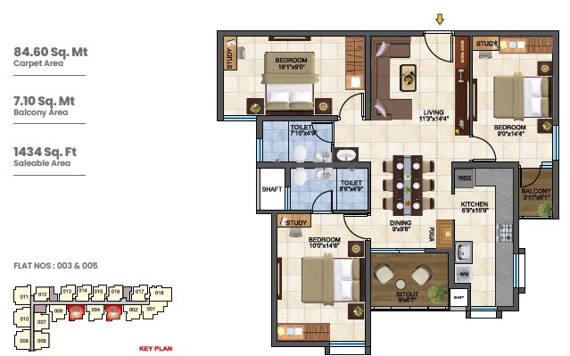 Floor plan of 3 BHK 1434 Sq. Ft. Apartment in Garuda Creek View, Bangalore